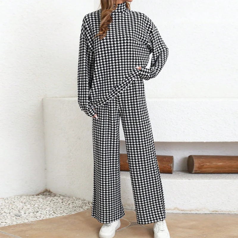 Houndstooth Half High Neck Top Pant Suit Women Color Blocking Full Sleeve Oversized Tops Leg Loose Pants Sets Lady Spring Set - Kimlud