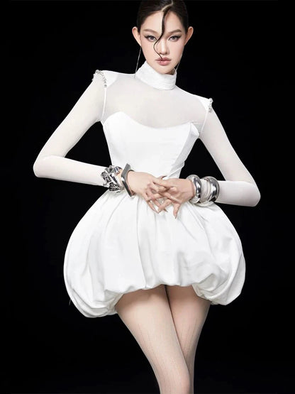 Pure Desire Sexy See-through Dress Women's Autumn New High-grade Waist-cinching Slimming Flower Bud Short Skirt Dress - Kimlud