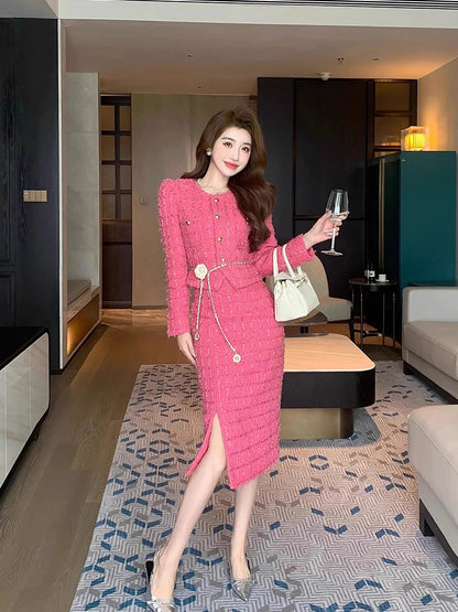 Autumn Fashion Rose Red Woolen Two Piece Set Women Golden Button Chain Belt Tweed Short Jacket Coat+Split Midi Skirt Suit