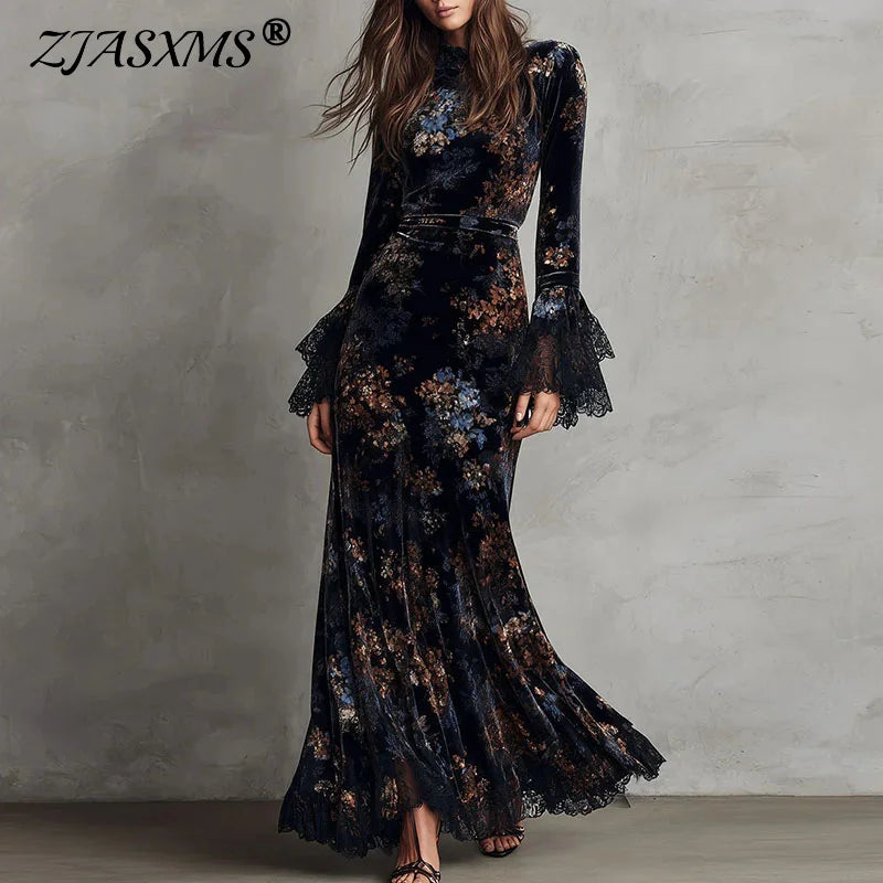 Retro New Floral Print Velvet Long Dresses Woman Sexy O Neck High Waist Evening Dress Autumn Long Sleeve Spliced Lace...
