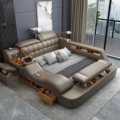 B Girl Nordic Aesthetic Double Bed Storage Multifonction Modern King Double Bed Leather Smart Cama Matrimonial Bedroom Furniture