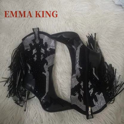 Fashion Womens Rhinetone Embellished Over The Knee Boots Crystal Fringe Party Shoes Autumn Thigh 10cm Metal High Heel Long Boots