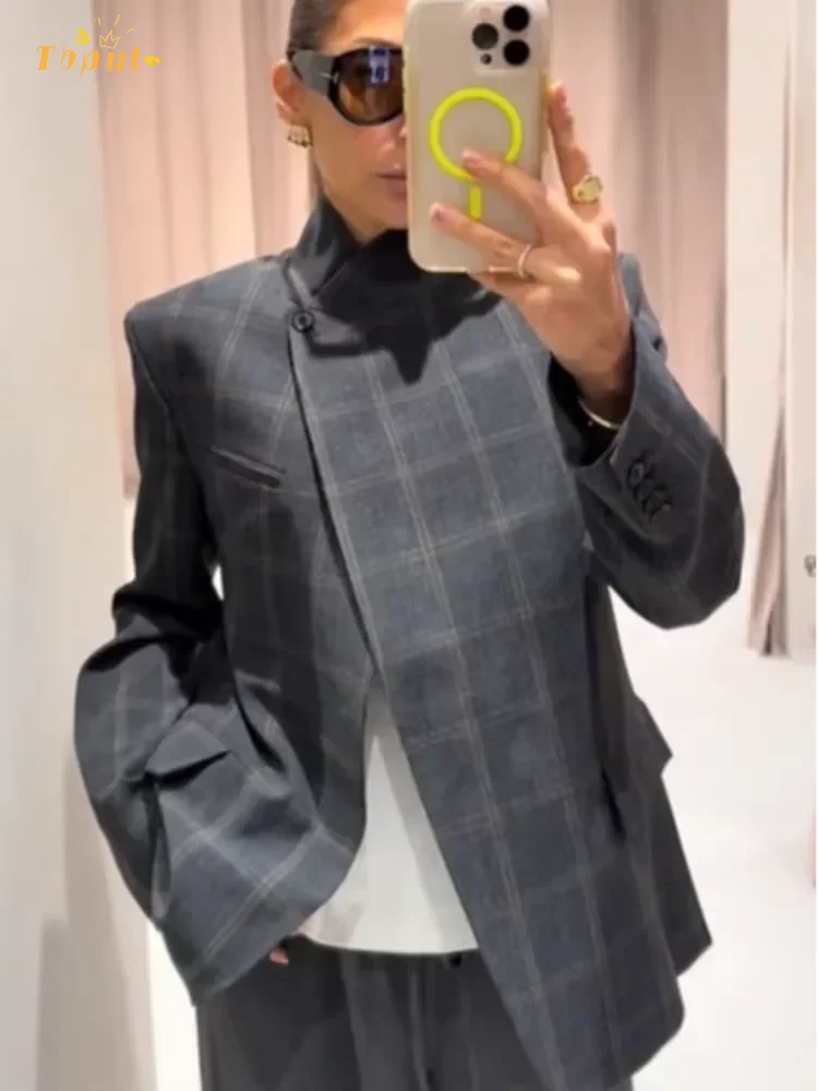 Women Irregular Plaid Blazer Jacket Fashion Stand Collar Full Sleeve Split Loose Short Coat 2025 Female Daily Commute Outerwear