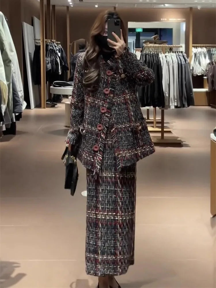 Winter new women fashion high-end temperament coarse weave small fragrance style coat+half skirt elegant two piece set |...