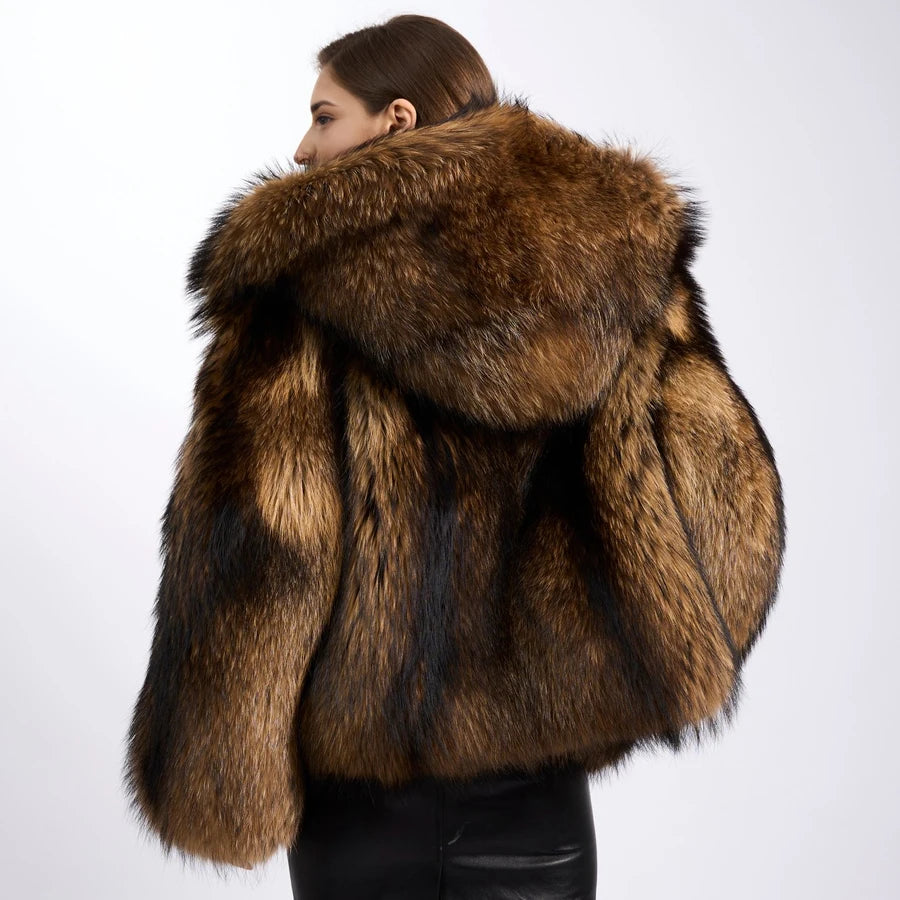 Genuine Raccoon Fur Coat With Hood Women's Winter Jacket Real Full Skin Raccoon Fur Jacket High Quality Natural Fur Jacket