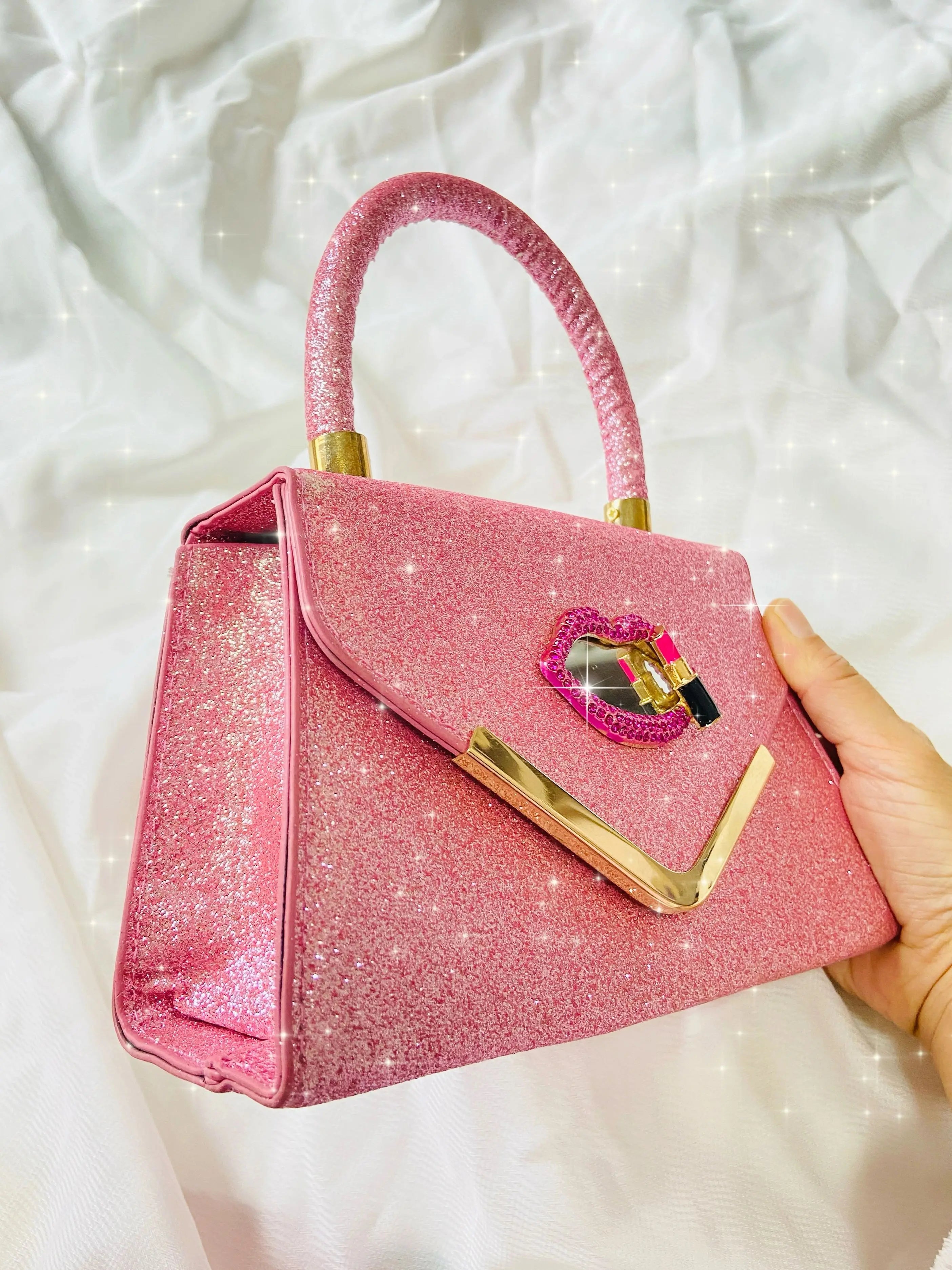 Quirky Red Lips with Smoky Makeup Design Small Handbag, Pure Handmade Luxury Heavy-Duty Rhinestone-Embellished High-End...