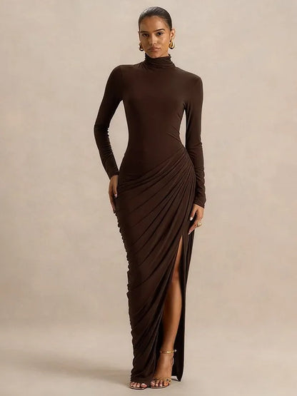 Slim Fit High Neck Pleated Dress with Slit Elegant Lady's Long Sleeve Dress Thick Material High Waist Bodycon Gown for Women - Kimlud