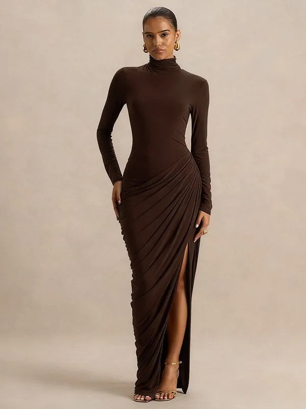 Slim Fit High Neck Pleated Dress with Slit Elegant Lady's Long Sleeve Dress Thick Material High Waist Bodycon Gown for Women - Kimlud