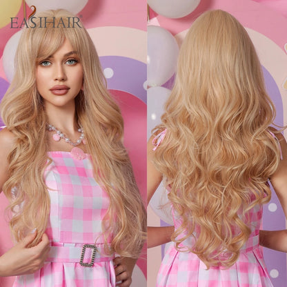 EASIHAIR Sandy Blonde Golden Wavy Synthetic Wigs with Long Bangs Cosplay Lolita Party Hair Wigs for Women Natural Heat Resistant