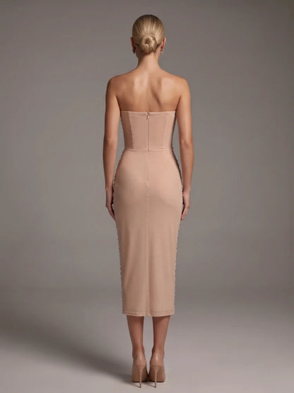 Sexy Strapless Luxury Diamonds Floral Sequined Midi Dress Women Apricot Sleeveless Backless Crystal Dresses Evening...
