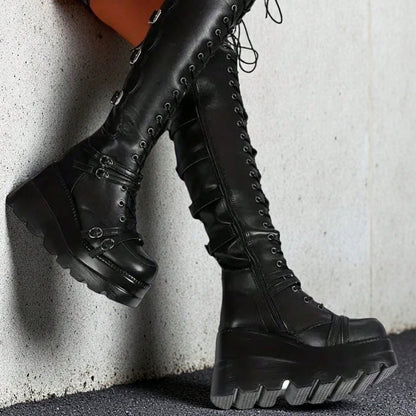 Gothic Over The Knee Boots Y2k Chunky Heel Lace Up Combat Booties Metal Buckle Punk Women Cosplay Holloween Dress Shoes