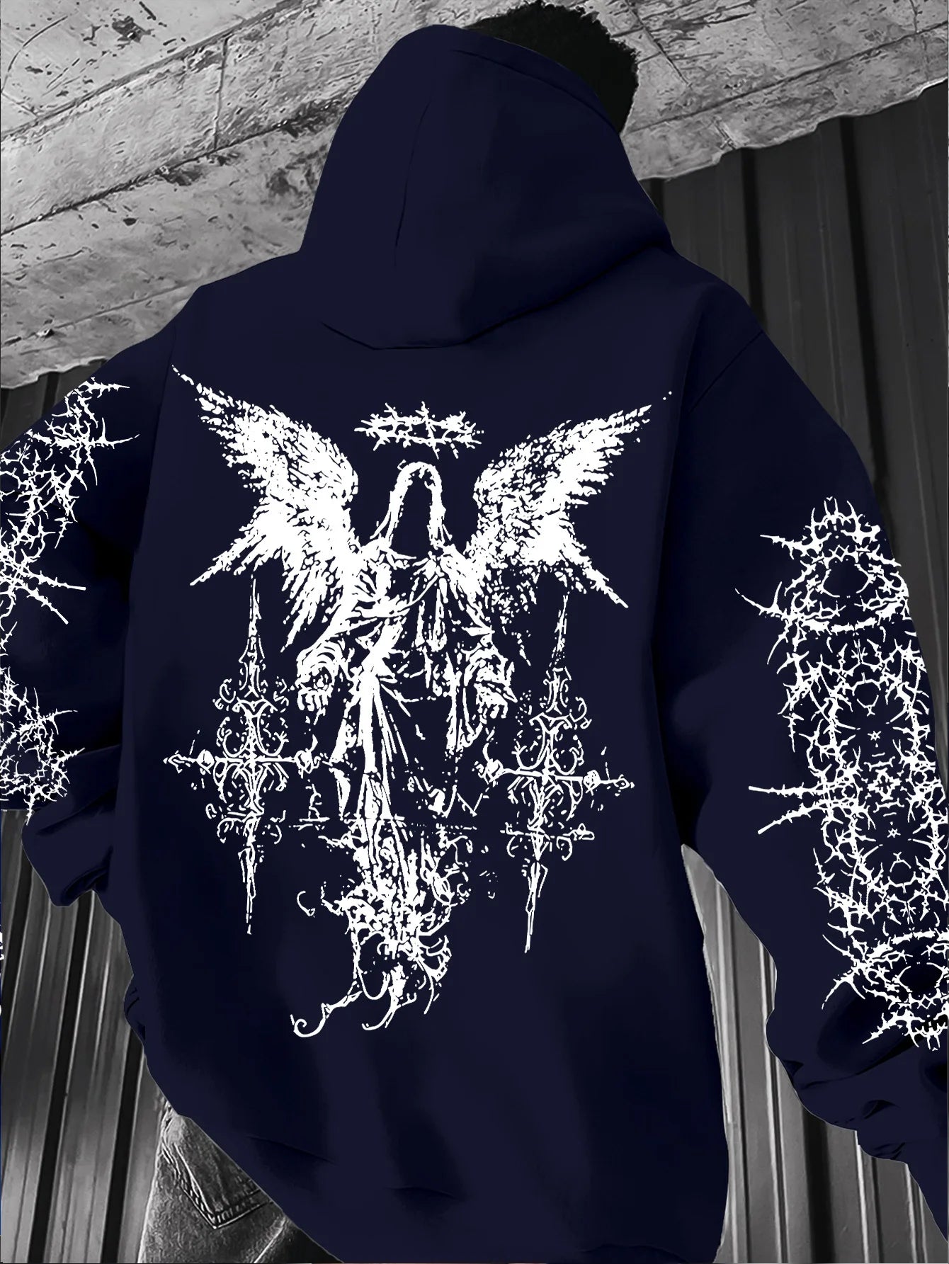 Men's Angel-themed graffiti thorn print streetwear hip-hop punk style hooded sweatshirt regular fit version sweatshirt hoodie