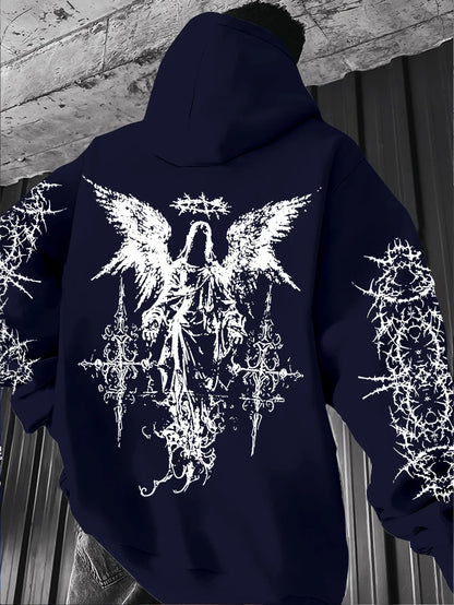 Men's Angel-themed graffiti thorn print streetwear hip-hop punk style hooded sweatshirt regular fit version sweatshirt hoodie