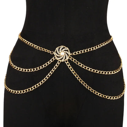 versatile multi-layer disc inlaid with diamond pearl waist chain new style tunic decorative metal belt for women - Kimlud