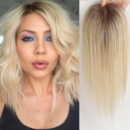 Ash Gray Brown 100% Remy Human Hair Toppers Clips In Hair Lace Base Topper Hairpieces for Women Hair Extensions 12 Inch Straight