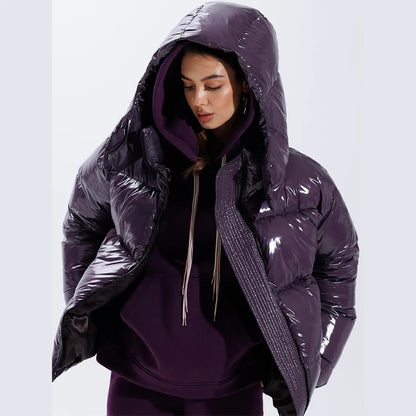 Chic Glossy Women's Thicken Cotton Coats Hooded Solid Loose Zippers Warm Lady Coat 2025 Winter Casual Female Street Jackets