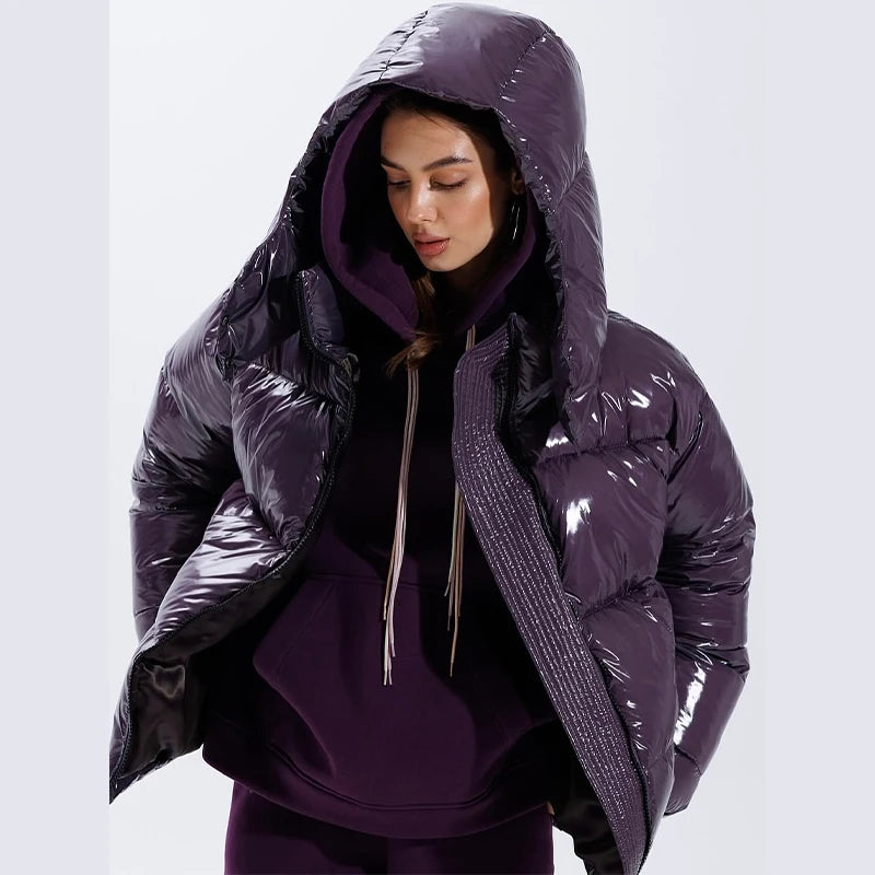 Chic Glossy Women's Thicken Cotton Coats Hooded Solid Loose Zippers Warm Lady Coat 2025 Winter Casual Female Street Jackets