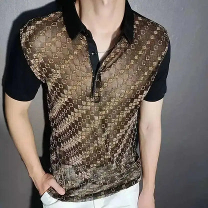 Black Gold Abstract Pattern Lace Sexy Polo See Quality Men Through Social Club Luxe Transparent Shirt Summer Short Sleeve Polo - Kimlud