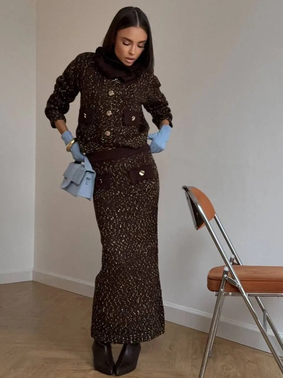 Fashion Knitted Long Skirts Sets Women Lapel Full Sleeve Single Breasted Sweater Hip Package Slim Skirt 2026 Spring Lady Outfits