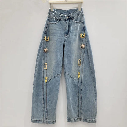 2026 Spring New Metal Buckle Decorated Mid-Waist Wide-Leg Jeans Women Washed Scimitar Pants Casual Versatile Long Pants Female - Kimlud