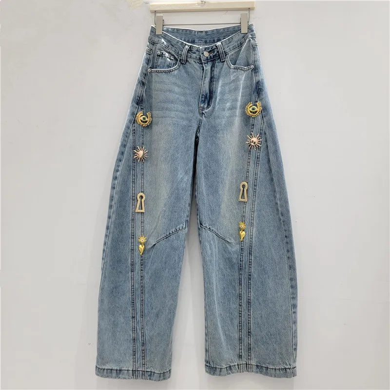 2026 Spring New Metal Buckle Decorated Mid-Waist Wide-Leg Jeans Women Washed Scimitar Pants Casual Versatile Long Pants Female - Kimlud