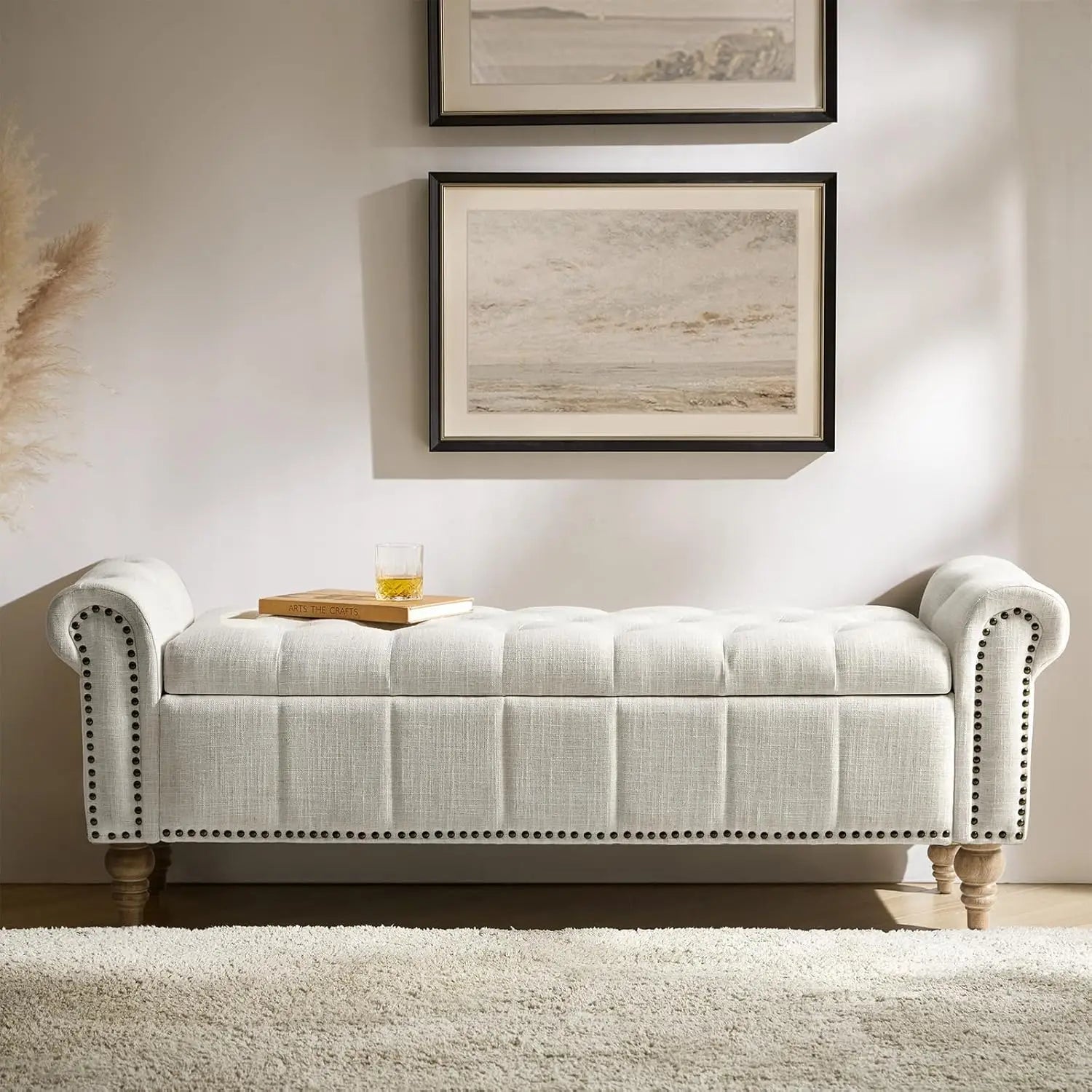 Farmhouse Upholstered Storage Bench, End of Bed Bench with Vintage Button Tufted Design(Blue)