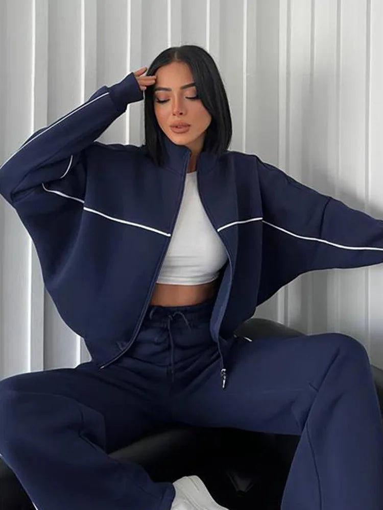 Zekye Women's Clothing Long-sleeved Semi-turtleneck Cardigan Sweater Strappy Striped Trousers Women's Suit Collection 2025 - Kimlud