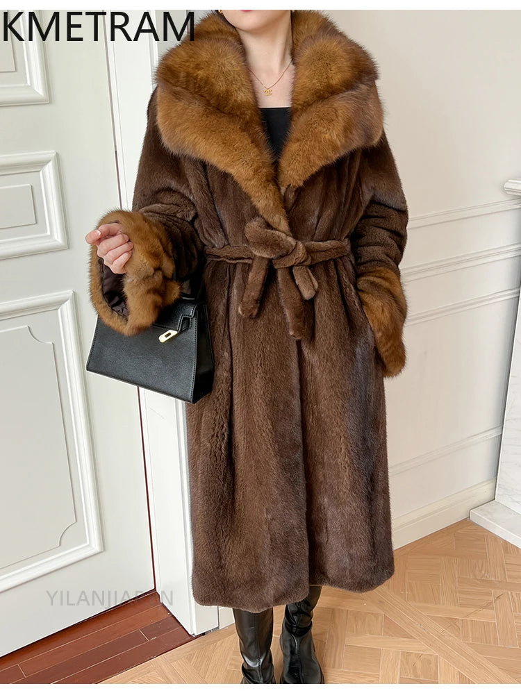 100% Mink Fur Jacket Woman Luxury Sable Collar Long Real Fur Coat Fashion Jackets for Winter Women Clothing 2025 шуба женская