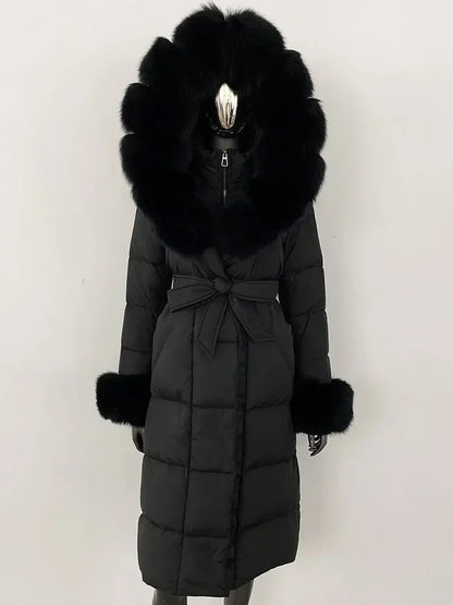 CXFS New Real Raccoon Fox Fur Collar Hooded Natural Long Winter Jacket Women 90 White Duck Down Coat Thick Warm Casual Outerwear