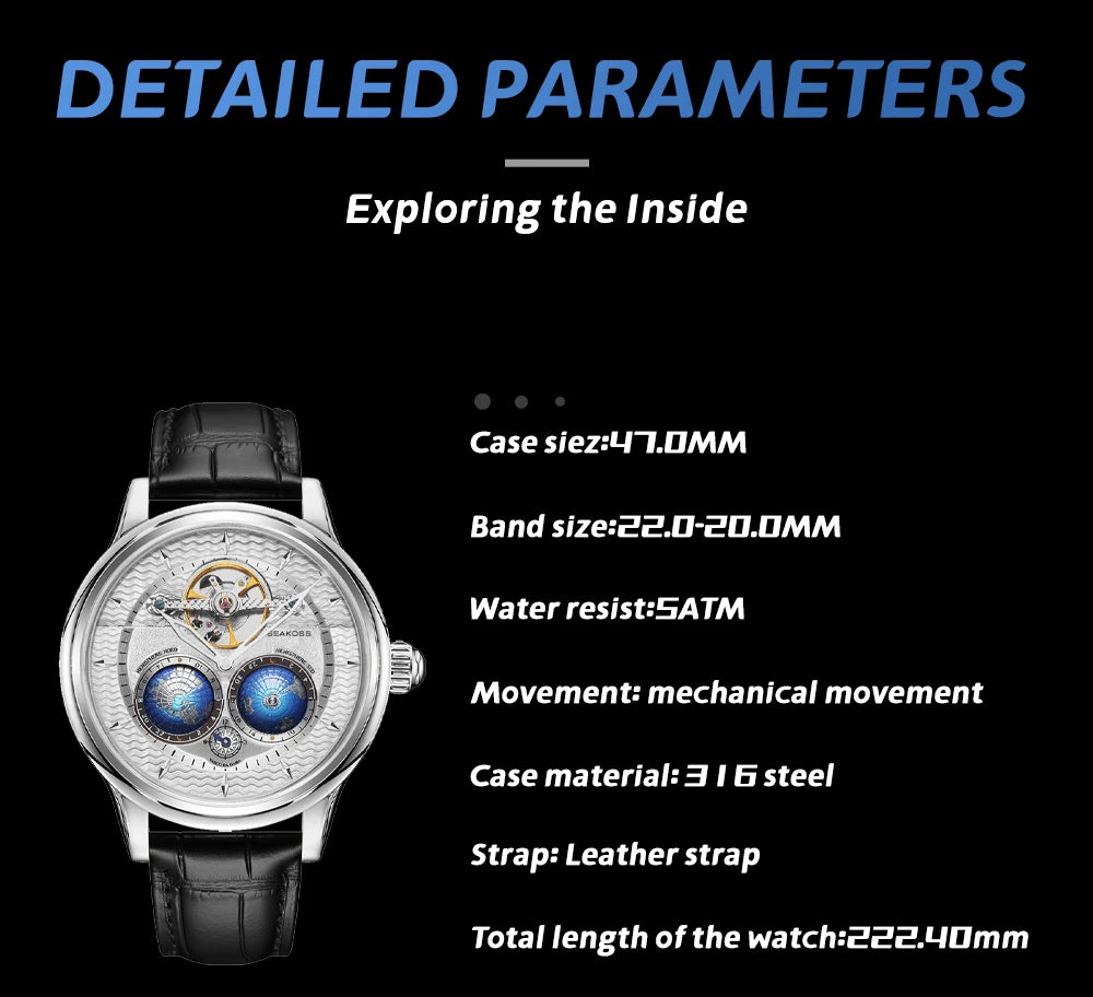 SEAKOSS Male Dual Earth Rotating Mechanical Men's Watch Automatic Movement Waterproof Clock Pilots 1963 Flywheel Wristwatches