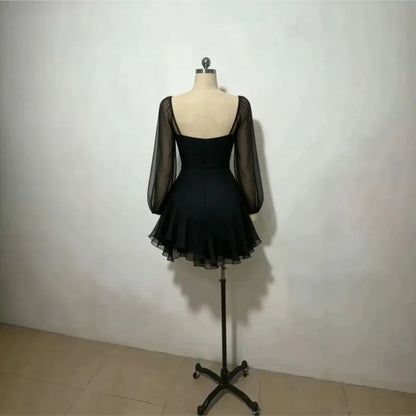 Ladies Sexy V-neck Mini Dress Autumn Sheer Long Puff Sleeve 3D Rose Decor Asymmetrical Ruffle Short Dress Elegant Party Dress
