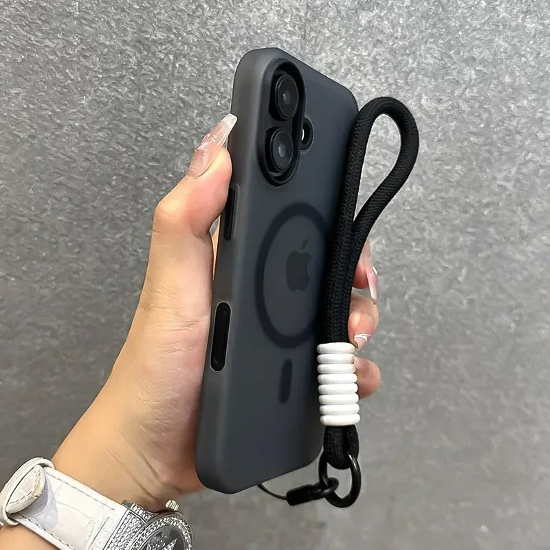 For Magsafe Candy Color Contrast Lanyard Case For iPhone 16 15 17 Pro Max 14 Plus 11 12 13 16e Hand Wrist Strap Matte Soft Cover - Kimlud