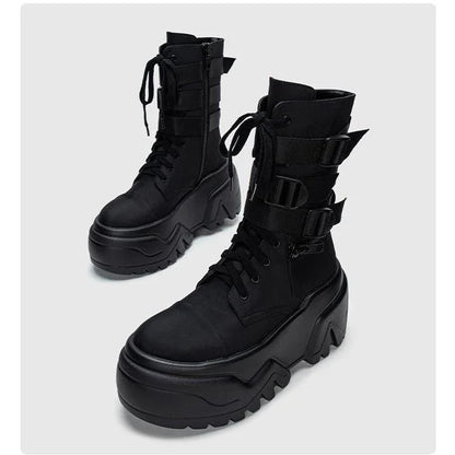 Women Ankle Booties Autumn Leather Chunky Shoes Woman High Platform Breathable Sneakers 9CM Thick Sole Wedges Motorcycles Boots