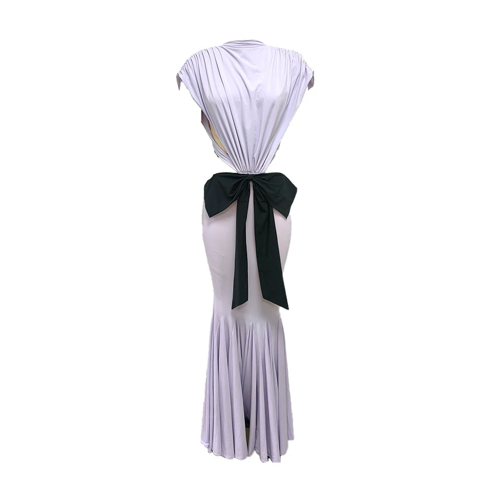 Elegant Purple Low-Waisted Mermaid-Style Long Dress with Black Bow Sexy Patchwork Sleeveless Backless Award Ceremonie...