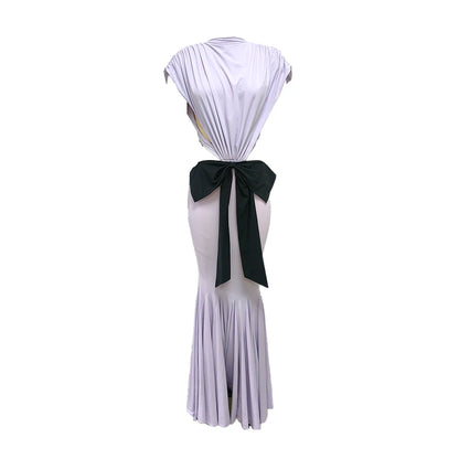 Elegant Purple Low-Waisted Mermaid-Style Long Dress with Black Bow Sexy Patchwork Sleeveless Backless Award Ceremonie...
