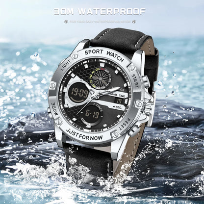 FOXBOX Fashion Men's Luxury Watch Leather Strap Quartz Watches Business Dual Display Waterproof Date Chronograph Man Watch+Box - Kimlud