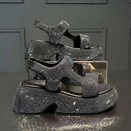 Fashion Luxury Rhinestone Women Sandals Summer New Sheepskin Elastic Band Thick-soled Open-toed Roman Flat Sandals