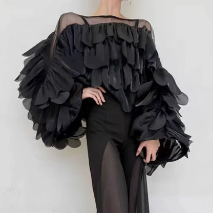 Women Blouse Light Luxury Summer Shirt For Lady Round Neck Full Sleeves Spliced Flounced Edge Mesh Irregular Hem Loose Tops Tide