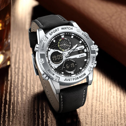 FOXBOX Fashion Men's Luxury Watch Leather Strap Quartz Watches Business Dual Display Waterproof Date Chronograph Man Watch+Box - Kimlud