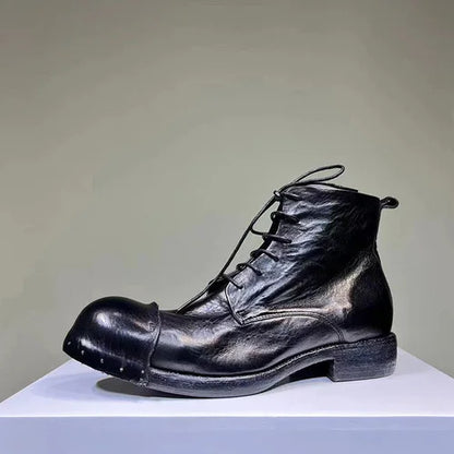 Men's Horse Leather Vintage Wash Water Old Leather Boots Handmade Goodyear- Men's Short Boots Lace Up Round Head Men