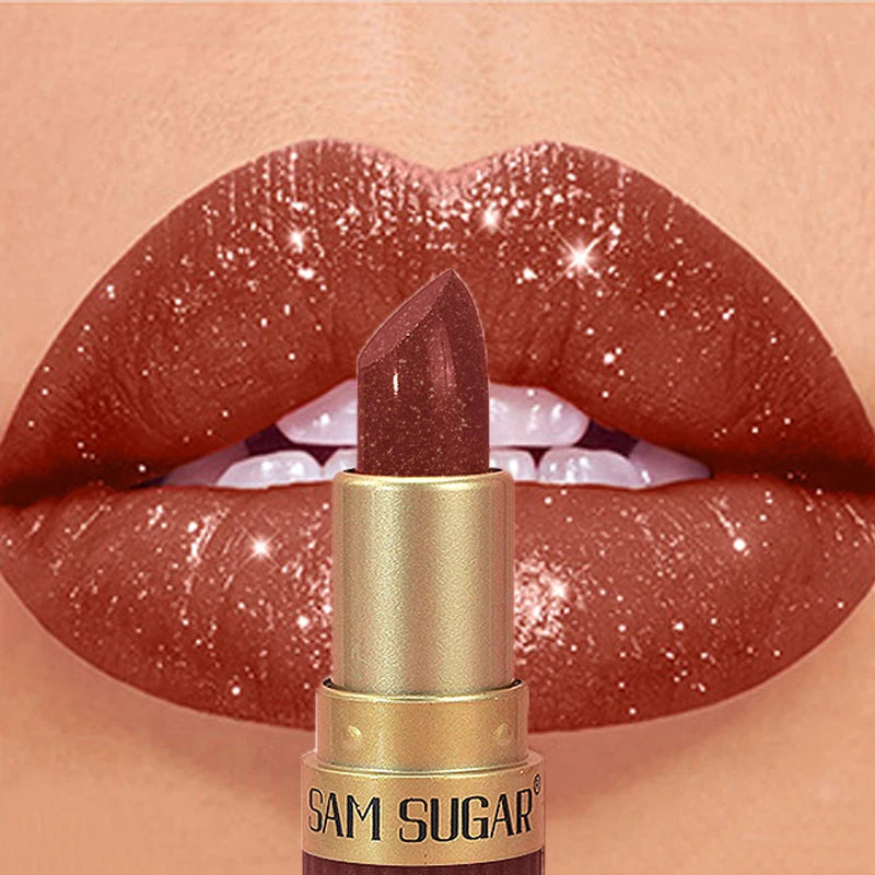 Diamond Pink Lipstick Chocolate Brown Metallic Glitter Lipstick Long-Lasting Waterproof Shimmer Pearl Sparkling Lip Gloss Makeup - Kimlud