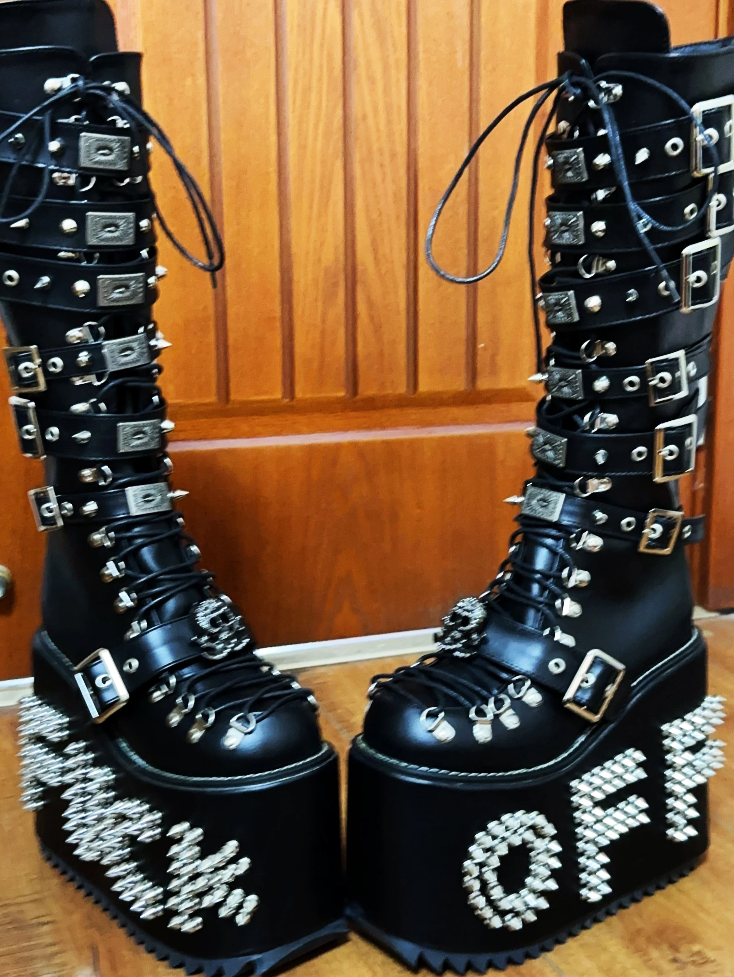 Women Motorcycle Boots women super high thick Heels pumps Cool Lady knight customized boots girl punk Gothic long boots rivets