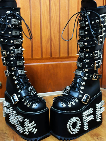 Women Motorcycle Boots women super high thick Heels pumps Cool Lady knight customized boots girl punk Gothic long boots rivets