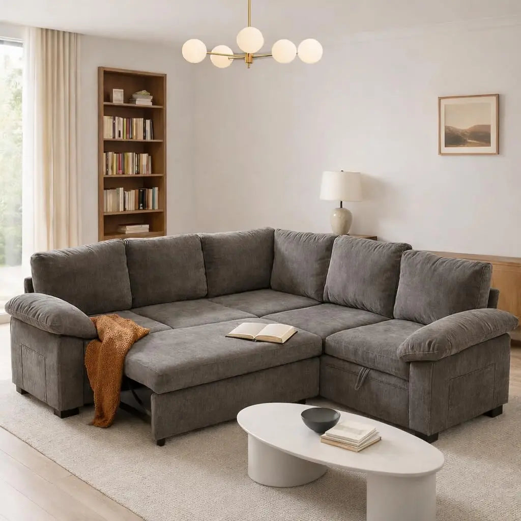 108in L-Shaped Sleeper Sectional Sofa Bed with Storage, Chenille, 5-Seat Modular for Living Room Apartment, Customized |...