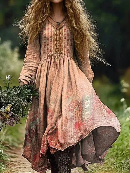 Boho Vintage Print Long Dresses For Women 2025 Casual V Neck Full Sleeve Splice High Waist Loose Dress Autumn Fashion Vestidos - Kimlud