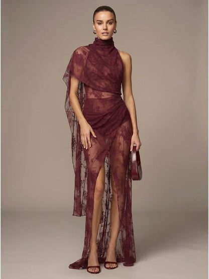 Sexy Backless High Neck Lace See Through Draped Folds Split Long Dress Women Black Sleeveless Slim Dresses Evening Party Gowns