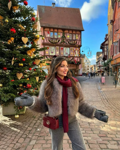 Faux fur jacket 2025 Fall/Winter New Fashion Women's Faux Fur Effect Round Neck Long Sleeve Short Jacket