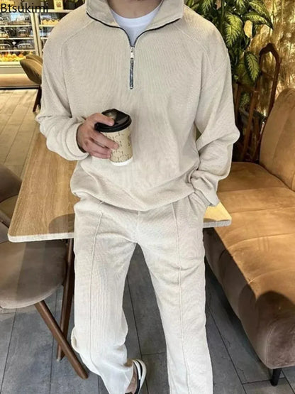 New Men's Corduroy Two Piece Sets Fashion Casual Long Sleeve Sweatshirts and Pants Trend Streetwear Spring Autumn Men Tracksuits