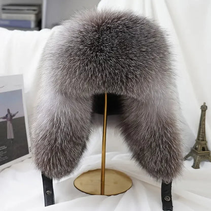 New Winter Men's 100% Real Silver Fox Fur Bomber Hat Raccoon Fur Ushanka Cap Trapper Russian Man Ski Hats Caps Real Leather Top - Kimlud