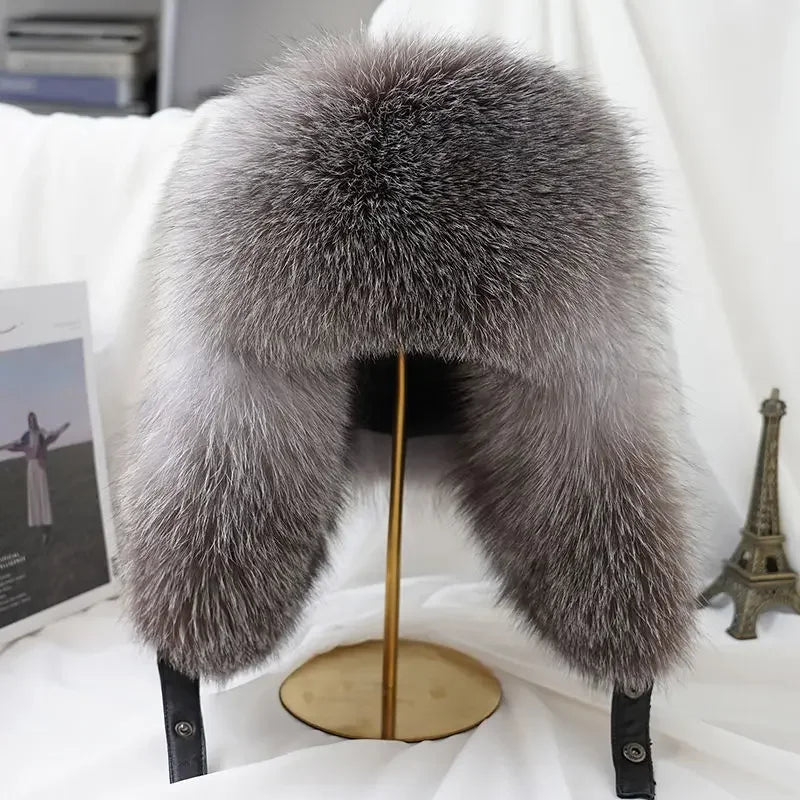 New Winter Men's 100% Real Silver Fox Fur Bomber Hat Raccoon Fur Ushanka Cap Trapper Russian Man Ski Hats Caps Real Leather Top - Kimlud